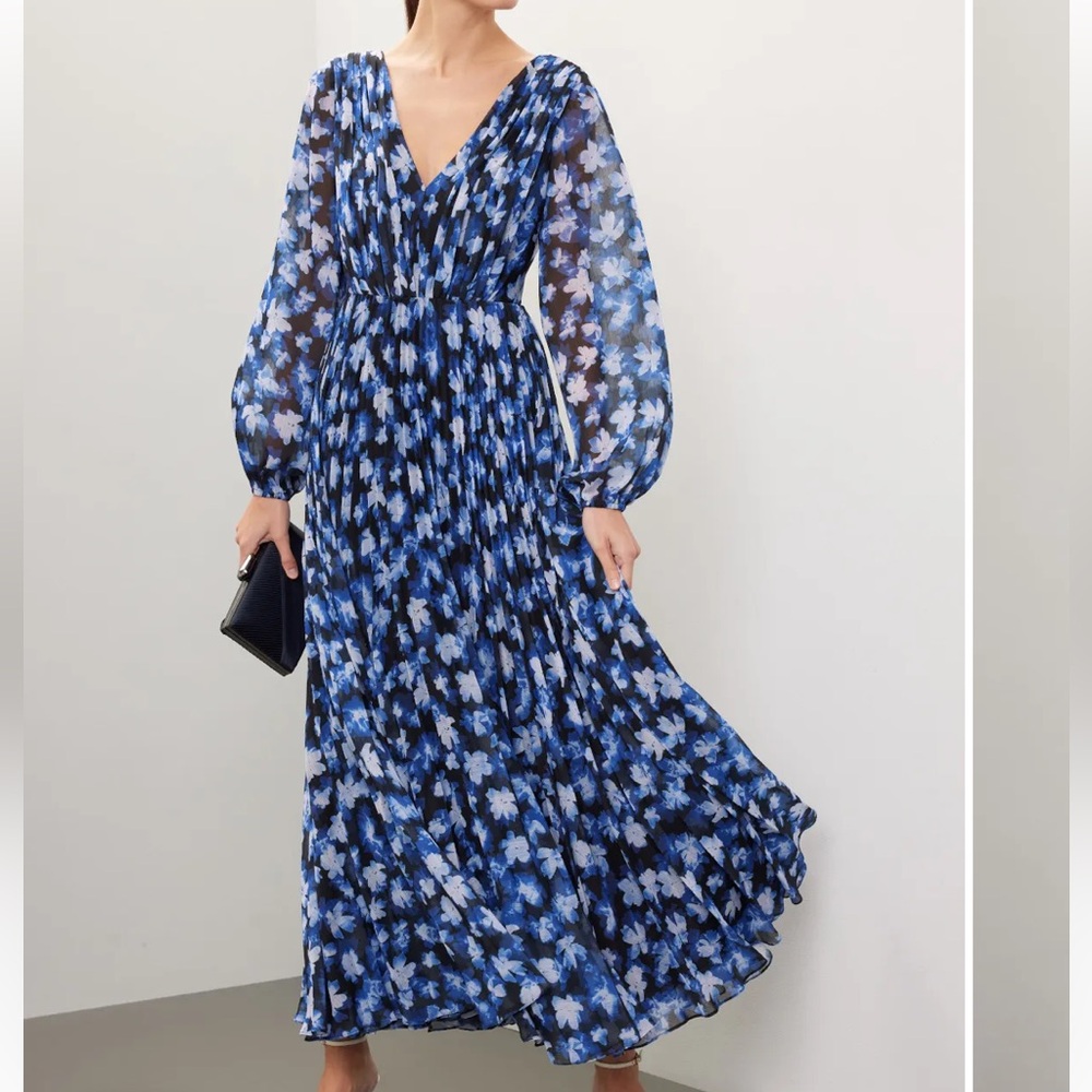Monique Lhuillier Blue Floral Long Sleeve Dress